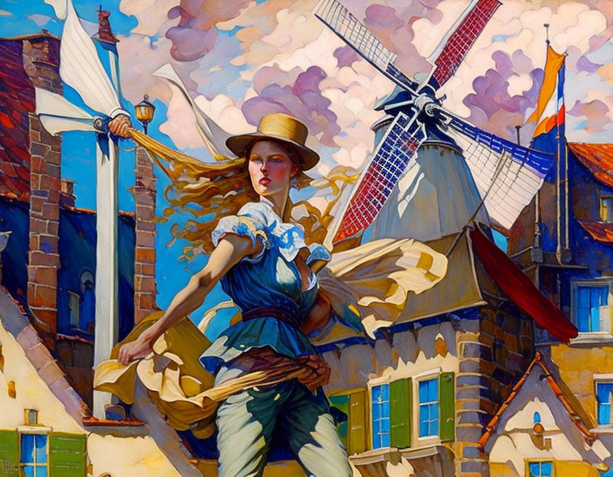 Colorful illustration: woman in flowing dress with Dutch windmill, buildings, and flag.