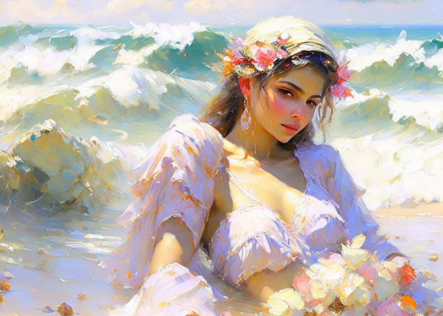 Woman in floral wreath and light dress against vibrant ocean waves