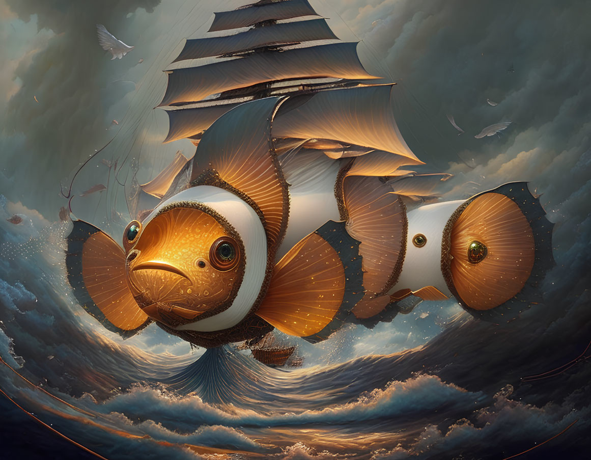 Large Fish with Ship-like Sails in Sky with Birds and Sunset Glow