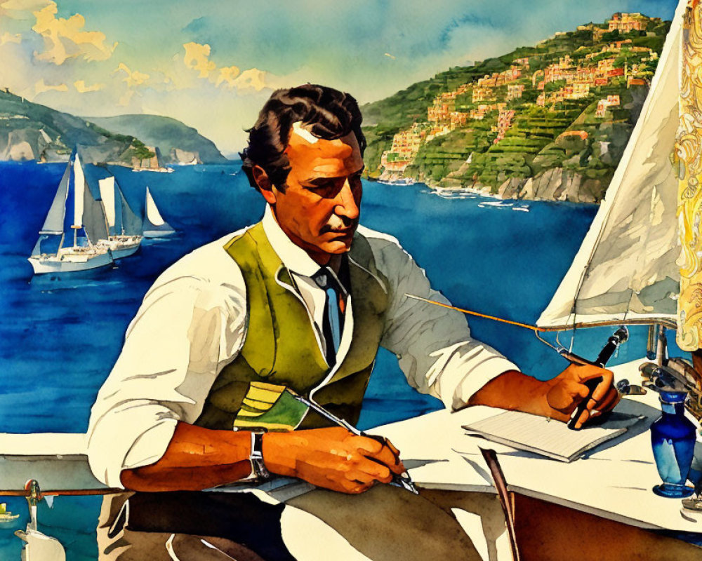 Man writing at table by sea with sailboats and coastal town in background