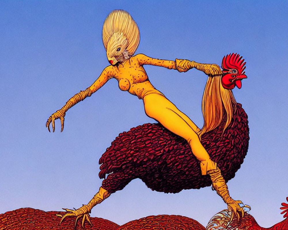 Surreal humanoid creature on rooster in barren landscape