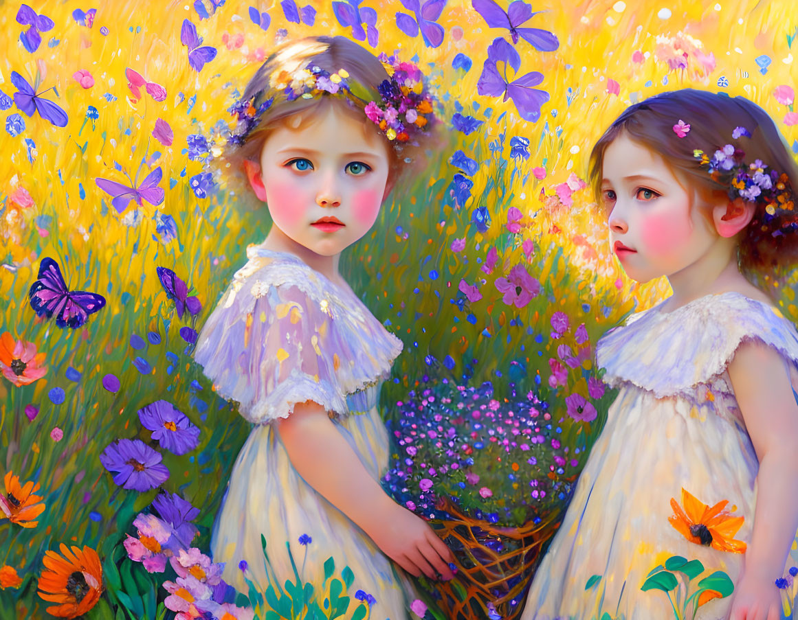 Young girls in white dresses with floral wreaths in vibrant flower field.