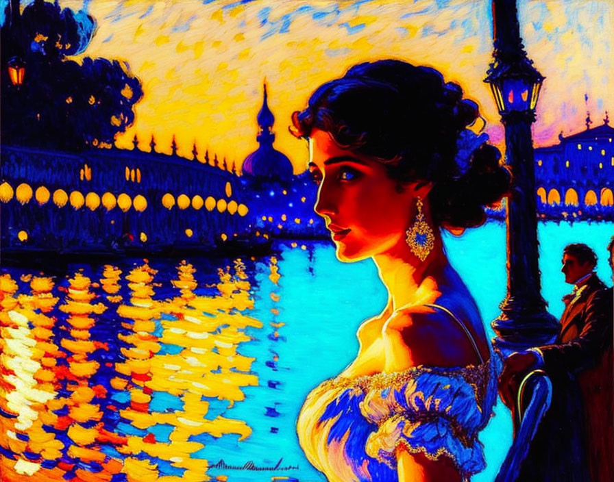 Colorful Impressionistic Painting: Woman by River at Night