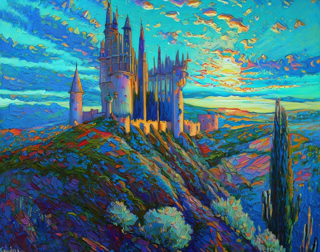 Colorful swirling painting of castle on hill with dynamic sky