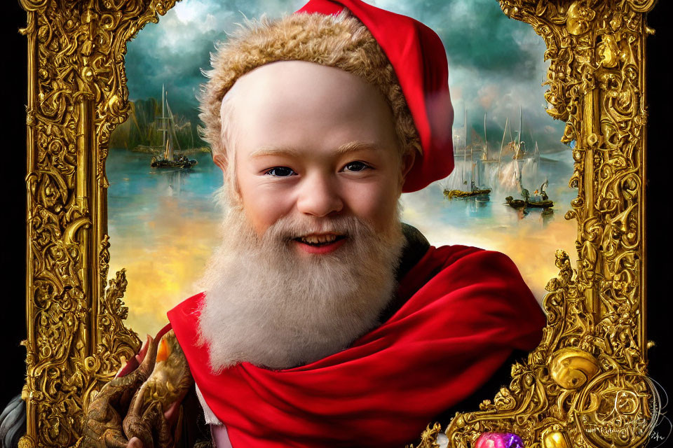 Child with beard and Santa hat in ornate frame with ship painting