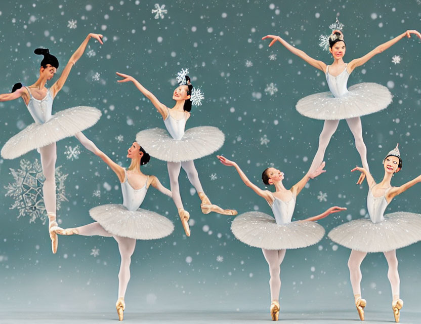 Five ballerinas in white tutus dancing in snowy scenery