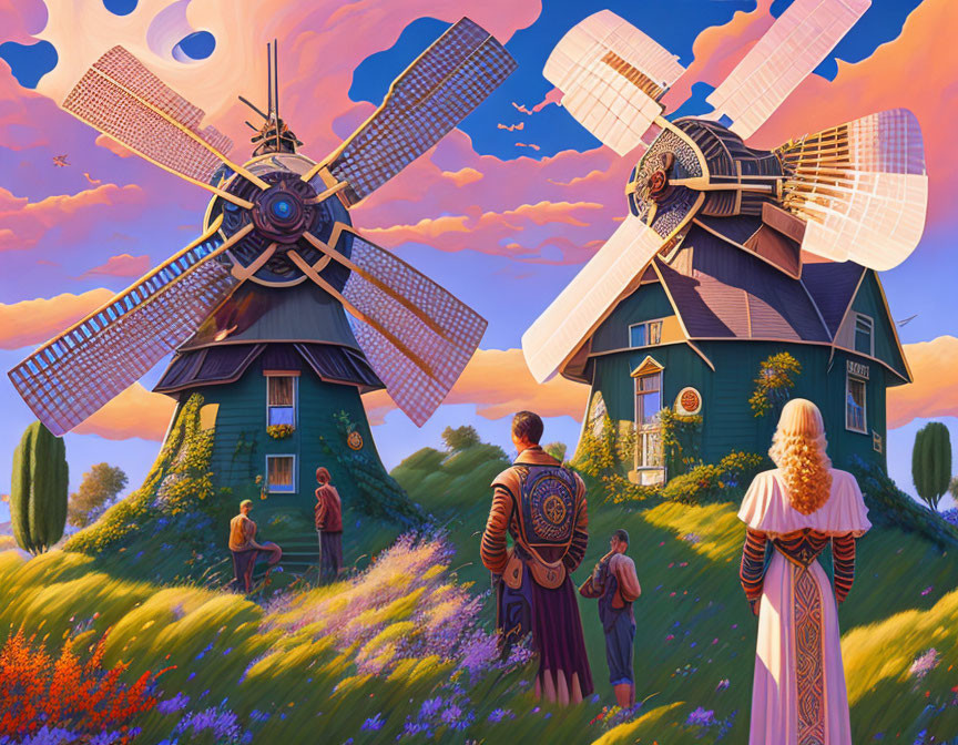 Fantastical landscape with windmills, solar panels, and people in historical clothing