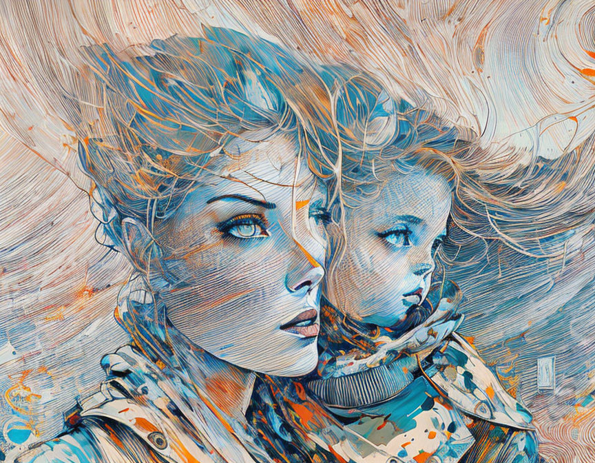 Abstract Modern Illustration of Stylized Mother and Child Portraits