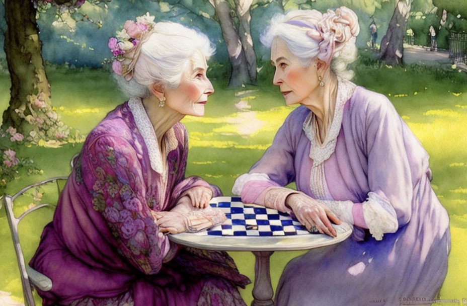 Elderly animated women in purple dresses at outdoor chessboard