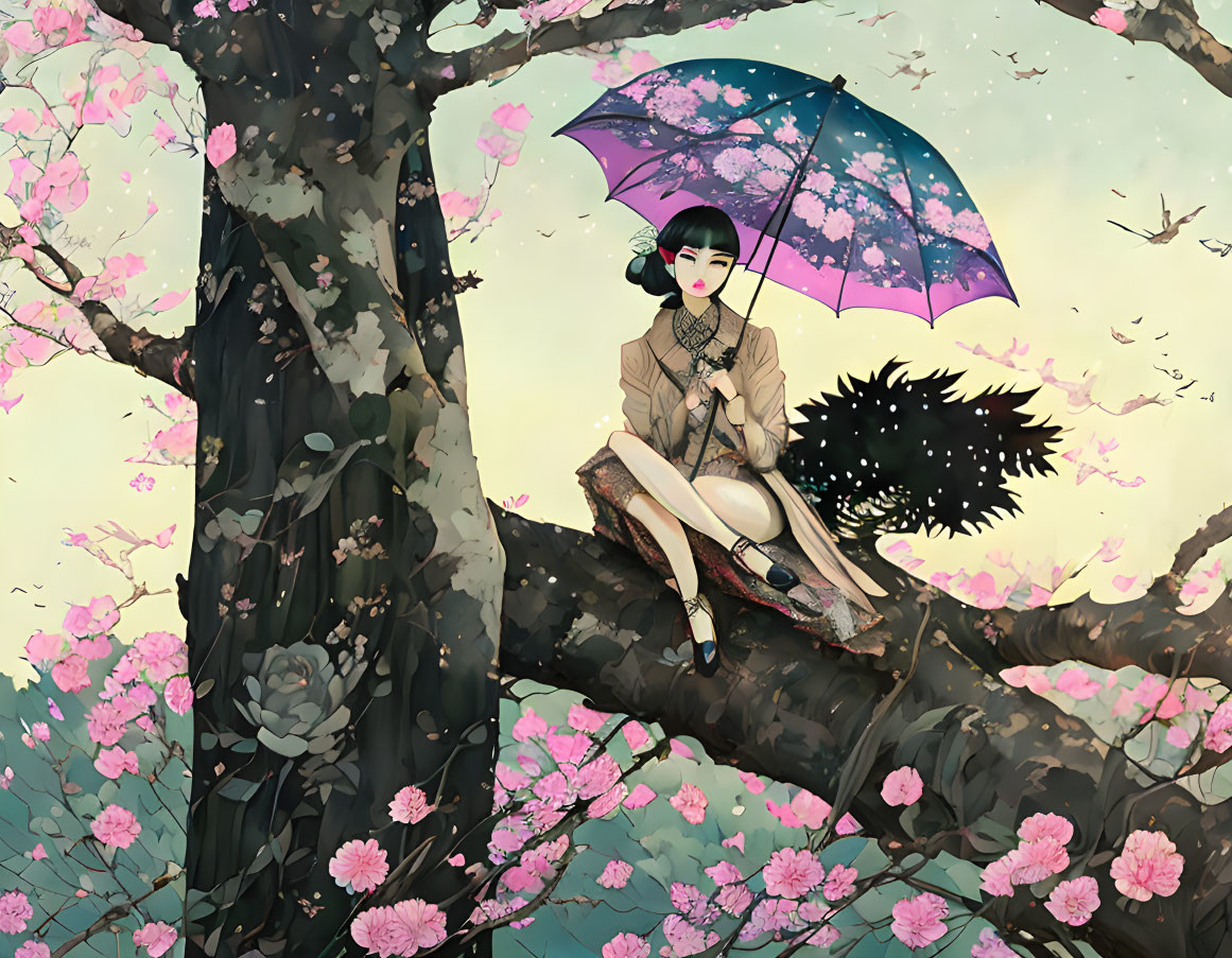 Woman sitting on tree branch with purple umbrella in serene floral scene