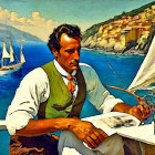 Man writing at table by sea with sailboats and coastal town in background