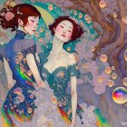 Ethereal women in flowing dresses with bubble and rainbow motifs by whimsical tree