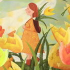 Yellow-coated girl amidst vibrant tulips with dragonflies in serene setting