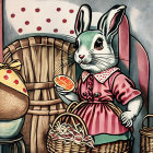 Colorful anthropomorphic rabbit in pink dress with Easter eggs basket, roses, cloudy sky