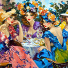 Three women in floral hats and colorful dresses at a table in a vintage setting.