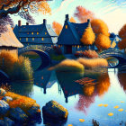 Vibrant lakeside painting with colorful trees, reflections, and quaint houses