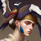 Digital Artwork: Woman with Gold Jewelry and Purple Bird