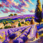 Colorful painting: Woman walking to village through lavender fields