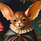 Whimsical chihuahua with bat wings in noble outfit on floral background