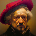 Elderly man in red hat with pronounced facial features