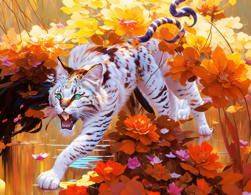 Colorful White Tiger Prowling in Vibrant Floral Landscape