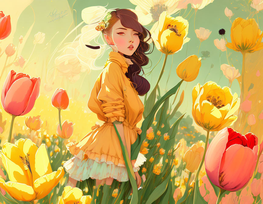 Yellow-coated girl amidst vibrant tulips with dragonflies in serene setting