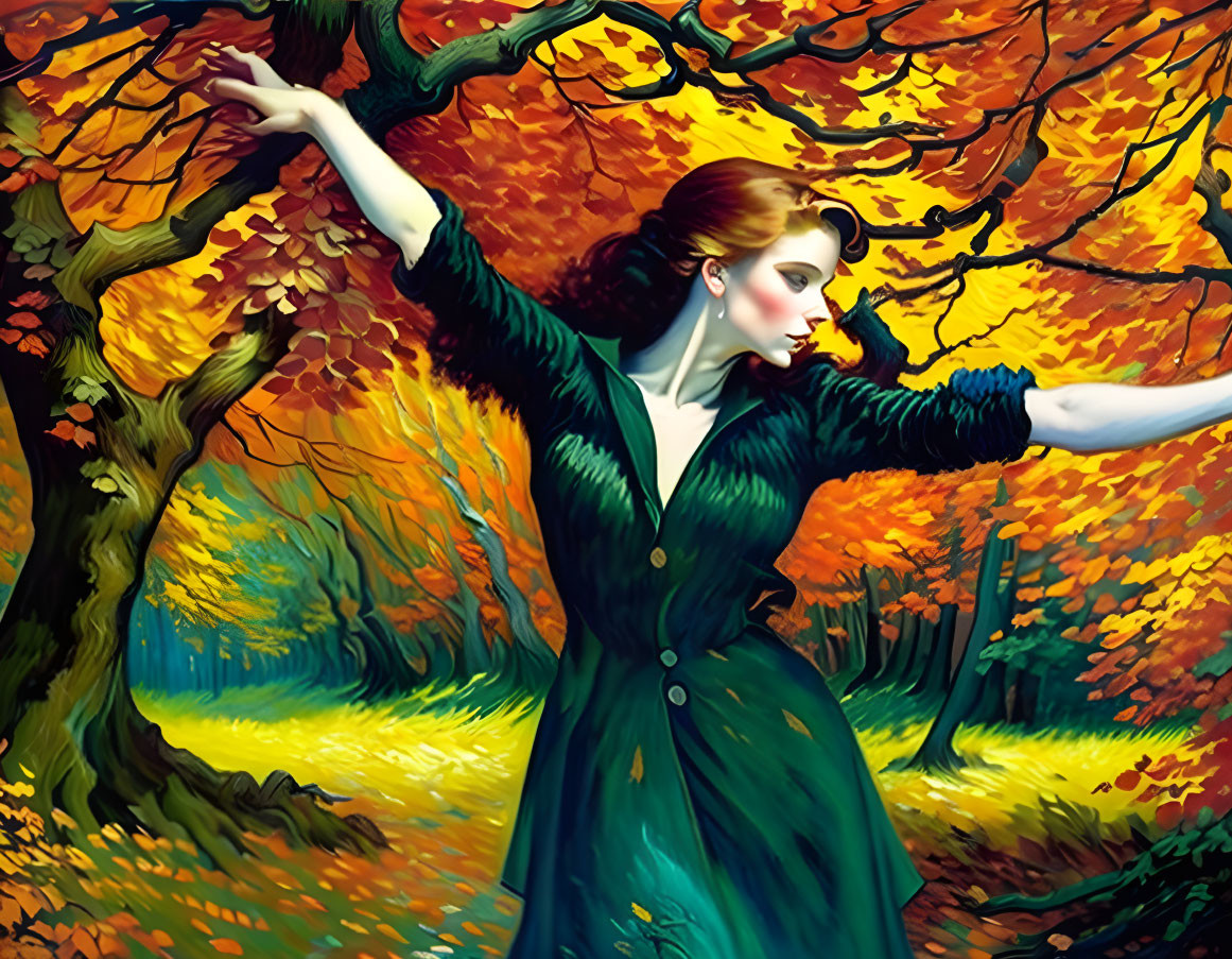 Woman in Green Dress Reaching Tree in Autumn Forest