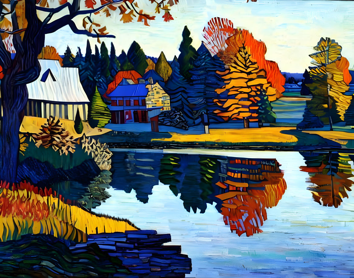 Vibrant lakeside painting with colorful trees, reflections, and quaint houses