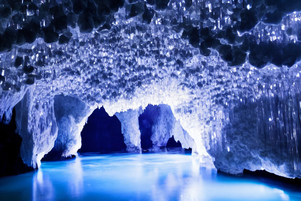 Majestic Blue Ice Cave with Sparkling Icicles