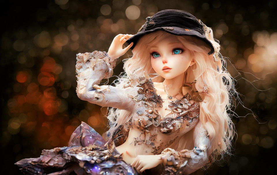 Intricately dressed doll with blue eyes and black hat in blurry background