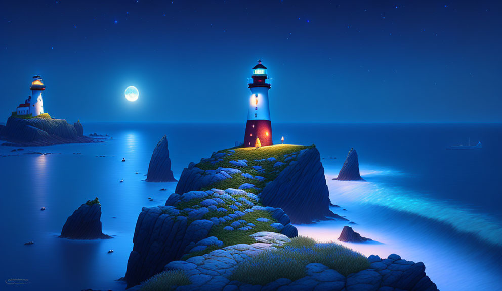 Tranquil night landscape with two lighthouses, moon, calm sea, boat, and vibrant