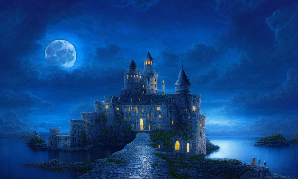 Majestic castle on island under starry night sky