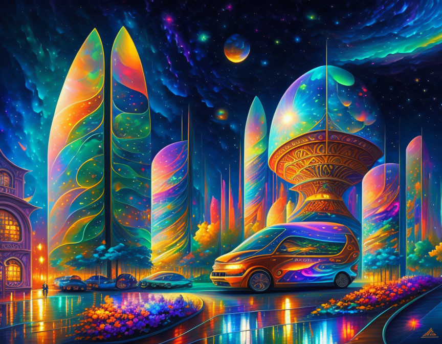 Colorful luminous futuristic cityscape at night with sleek vehicle and glowing flora