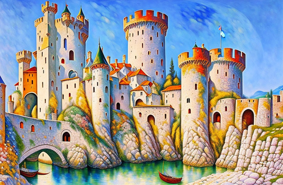 Fantastical painting of castle, towers, turrets, trees, bridge, and boat