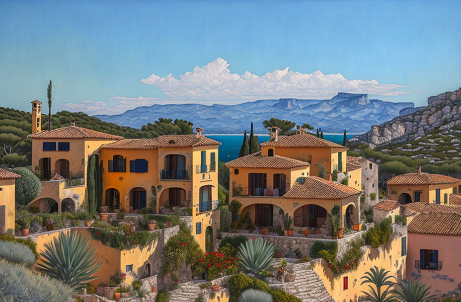 Mediterranean-style villas with terracotta roofs and mountain views