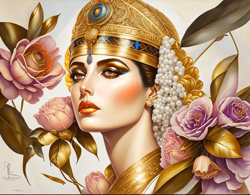 Illustrated portrait of woman with goddess-like features and golden headdress, surrounded by pink roses.