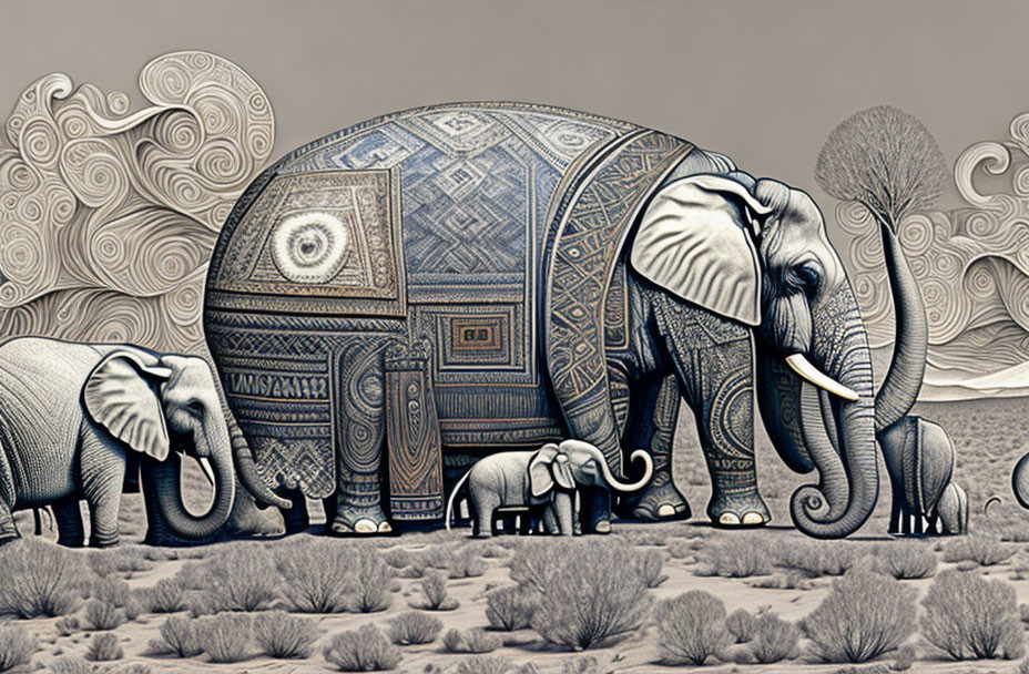 Illustration of patterned elephants in decorative setting