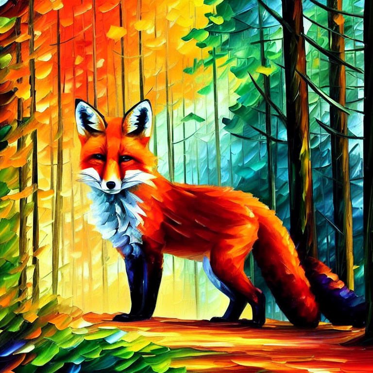 Colorful painting of red fox in vibrant autumn forest