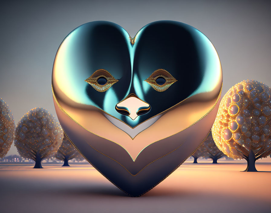 Metallic Heart-Shaped Sculpture with Facial Features in Nature Scene