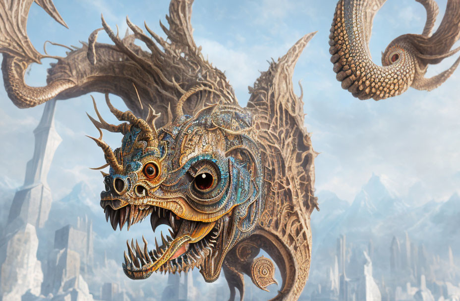 Intricate Golden Dragon Sculpture Against Misty Mountain Background