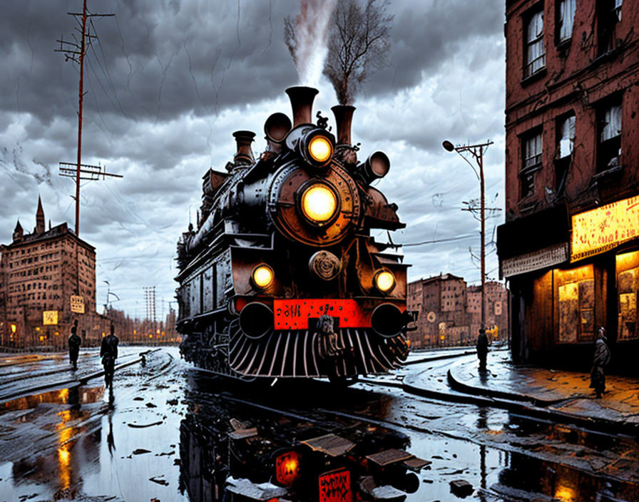 Vintage steam locomotive on rainy city street with stormy sky