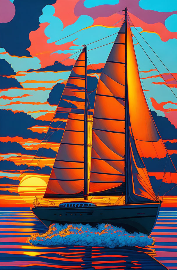 Orange Sailboat on Calm Waters at Vibrant Sunset