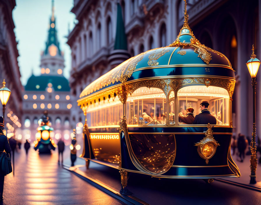 Vintage tram illuminated on city street at twilight with passengers and ornate building.