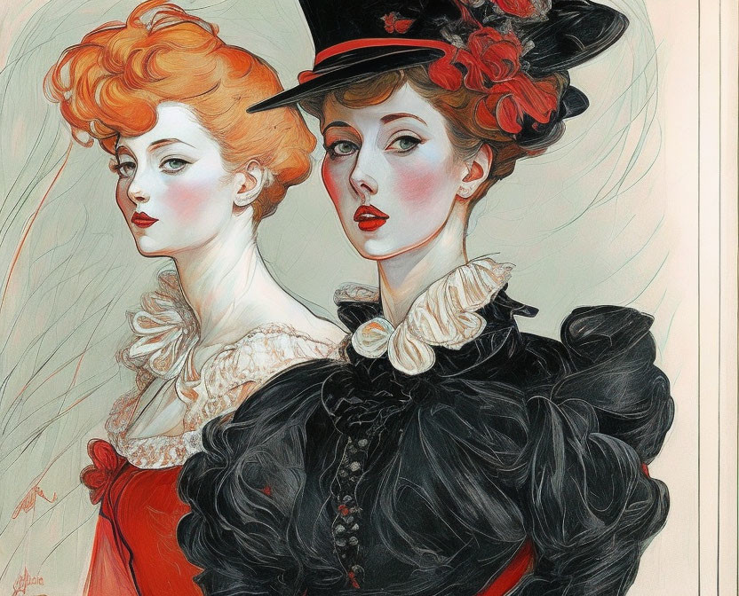 Victorian style illustration of two women in elegant attire