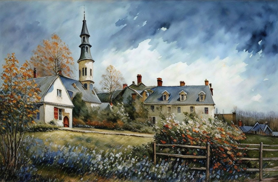 Tranquil village scene watercolor painting with church, buildings, greenery, and wildflowers