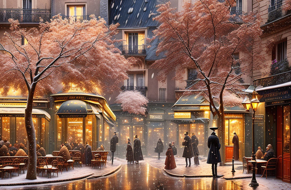 Snowy Street Scene in Quaint Town with People and Shops