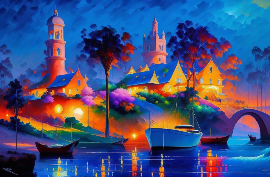 Coastal scene painting: boats, colorful buildings, lighthouse, church at dusk