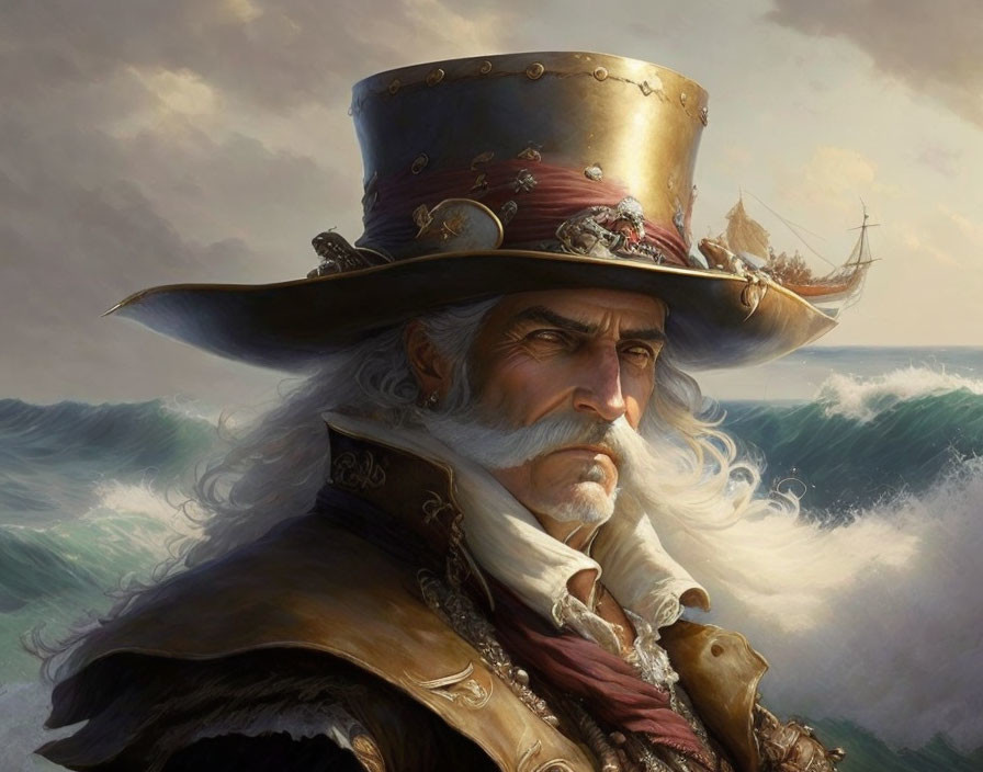 Illustration of stern sea captain in tricorn hat against stormy ocean backdrop