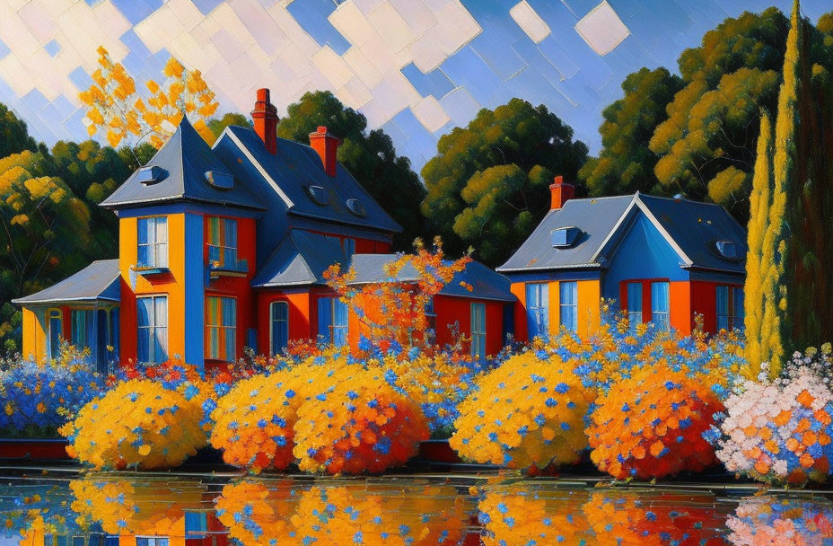 Colorful houses with blue roofs near river and vibrant bushes in a serene painting