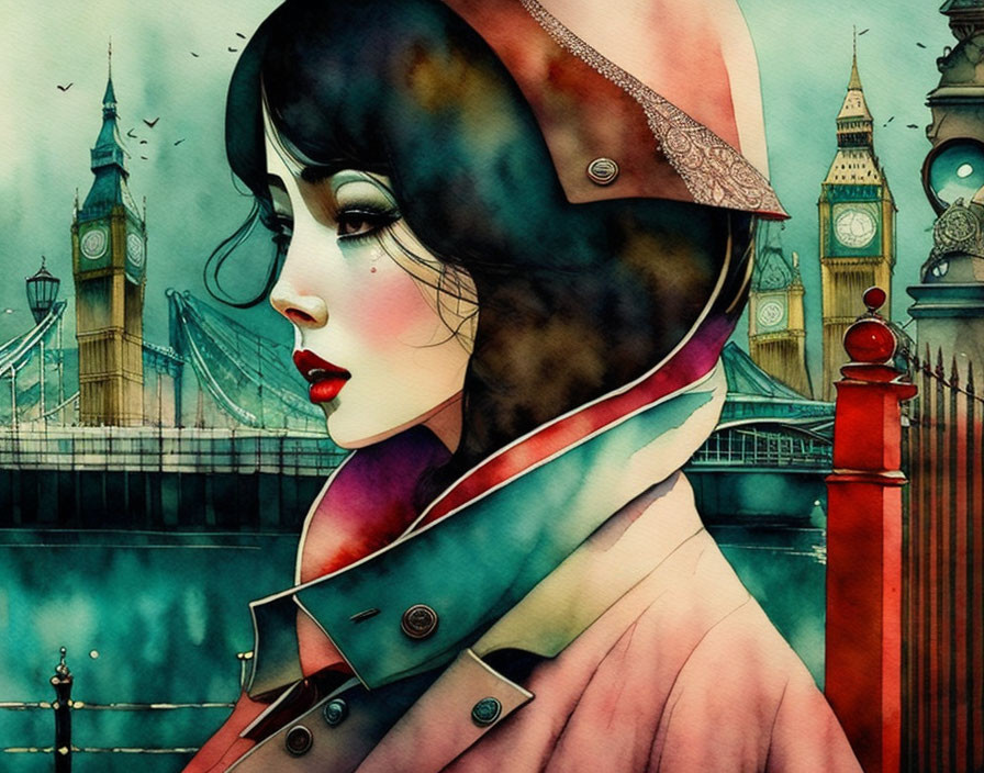 Stylized woman in hooded coat with London backdrop in rich colors